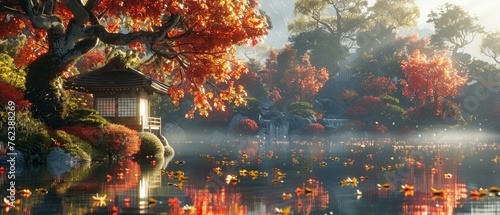An autumn scene in a Japanese garden, where maple trees and late-blooming flowers merge