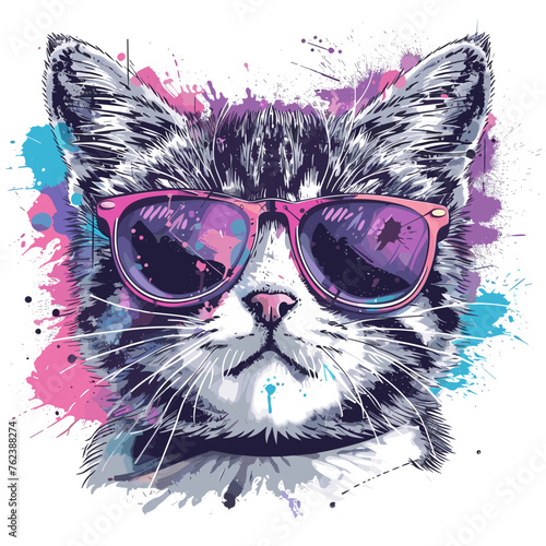 Portrait of cat with sunglasses. Hand drawn illustration. Vector. © whitecityrecords