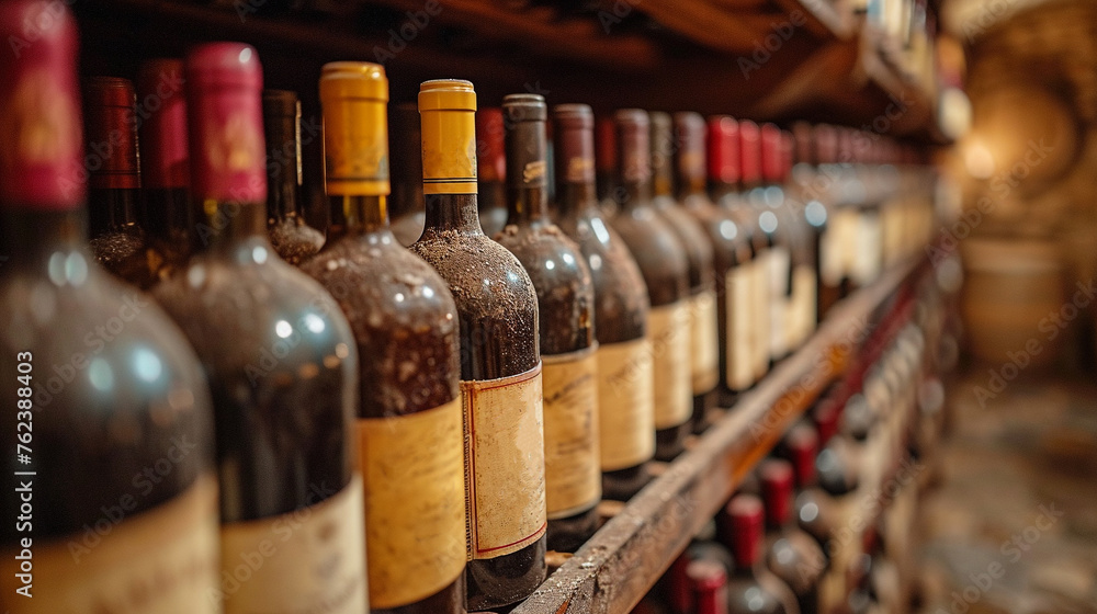 Bottles of red wine with a blank label on a shelf in a wine cellar. Bottles of red wine with a blank label on a shelf in a wine cellar.