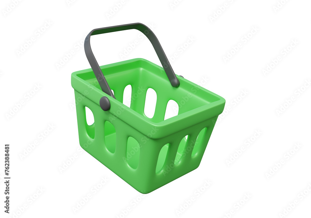 Fototapeta premium Green empty shopping baskets, Shop online concept on isolated object transparent background. discount, promotion, product sale, banner, website e-commerce, cartoon style. 3d render illustration