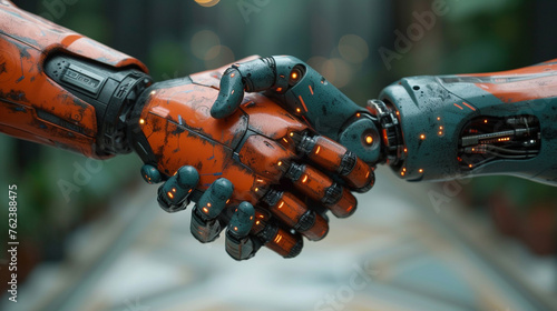 The robots shake hands against the technology background.