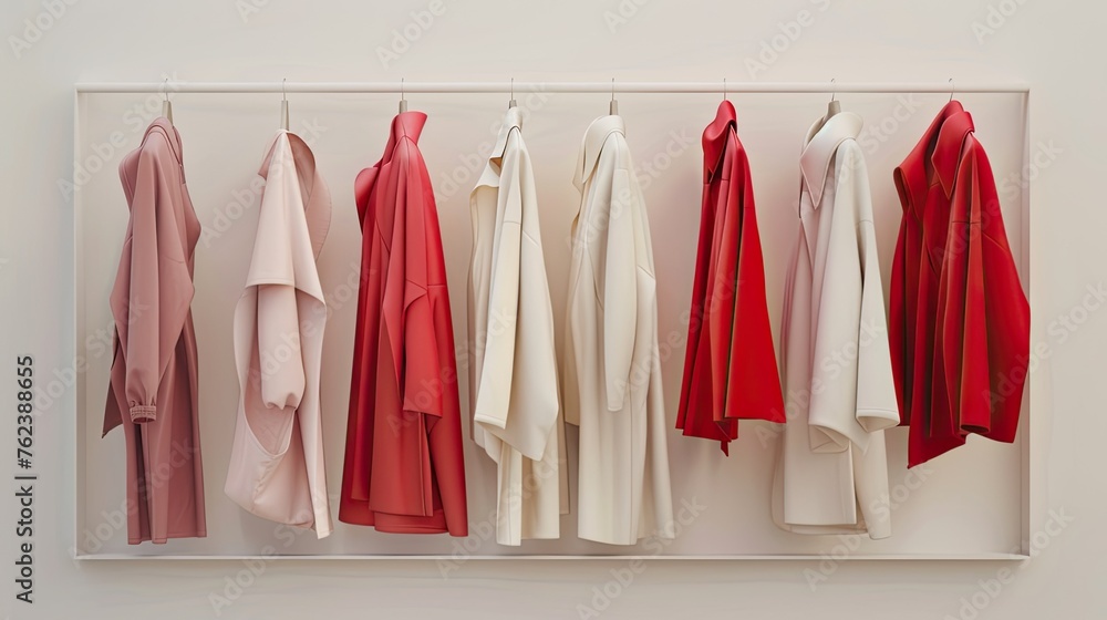 sophisticated clothes in shades of white, light red, and dark red, elegantly displayed on hangers against a pristine white background.