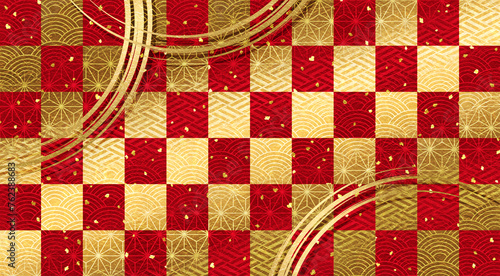 和紙質感の金色の市松模様の和風の背景、赤、新年の行事やお祝い事等へ
