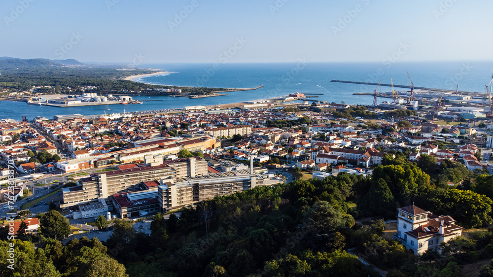 Aerial view of the city of Viana do Castelo. Evening. Alto Miño, Portugal.
