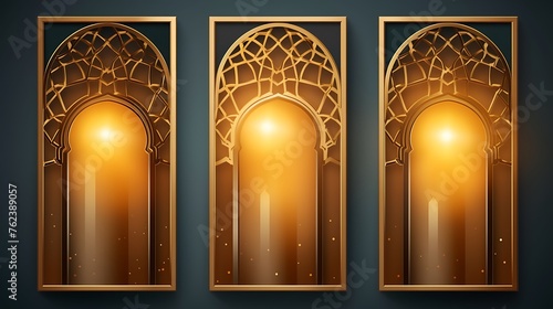 Ramadan Kareem posters set, gold 3d arabian windows on color background, arabesque pattern. Vector illustration. Place for text. Night moon, mosque dome attractive look