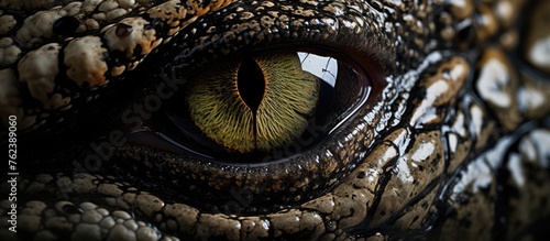 A closeup of a reptiles iris offers a detailed view of the scaled reptiles eye against a dark background, showcasing intricate patterns in macro photography © 2rogan