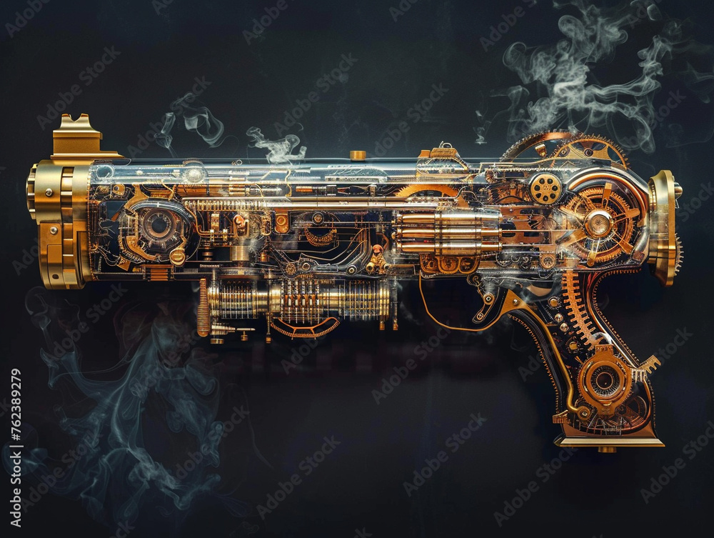 Steampunk of Machine gun with x-ray vision revealing inner science ...