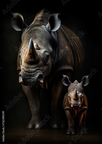 Adult rhinoceros portrait with small calf against dark background 