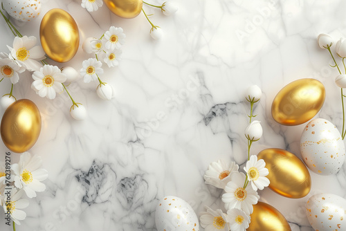 Golden and white Easter eggs with flowers on marble background. Easter celebration concept. Flat lay, top view, copy space