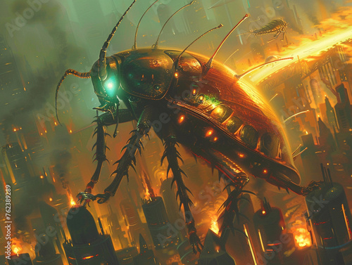 Whimsical Art of Close-up of a cockroach with a shield amid flames, Futuristic cityscapes © monkiiz