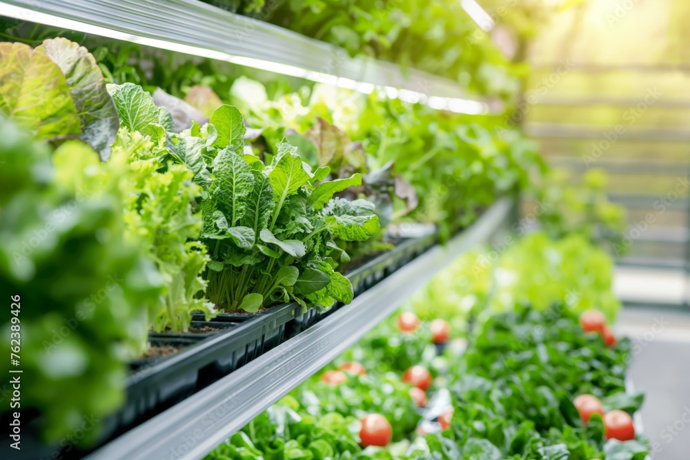 Lush lettuce and herbs flourishing in a modern vertical hydroponic farming setup Lush lettuce and herbs flourishing in a modern vertical hydroponic farming setup