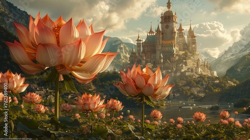 A fantasy landscape where giant flowers tower over a hidden, enchanted village photo