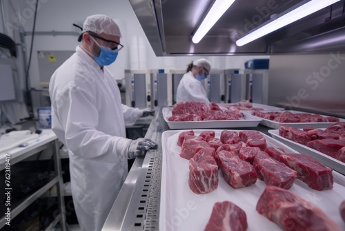 Workers in hygienic clothing inspect fresh meat at a modern food processing plant