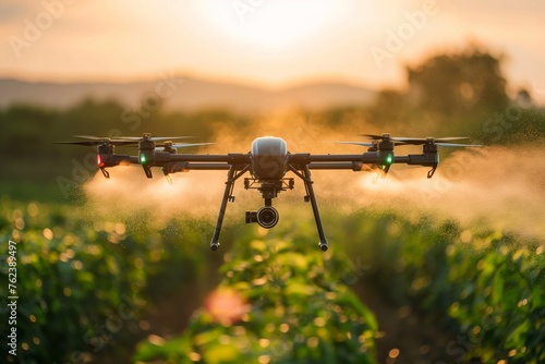 Drone equipped with a camera flies over a farm field during a warm sunset, enhancing modern agriculture