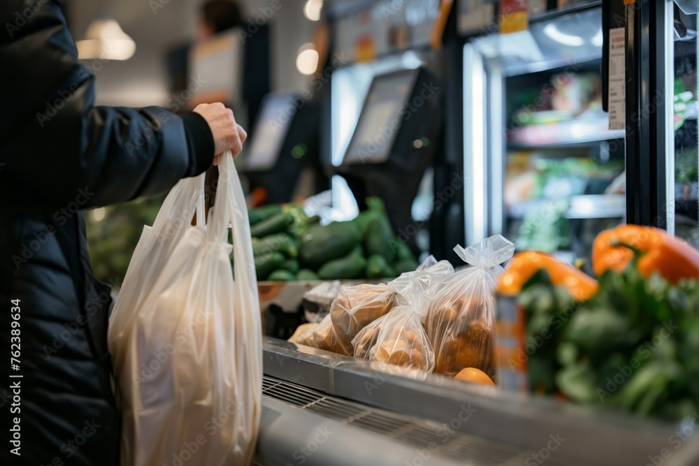 Customer carrying plastic bags filled with fresh produce at a supermarket