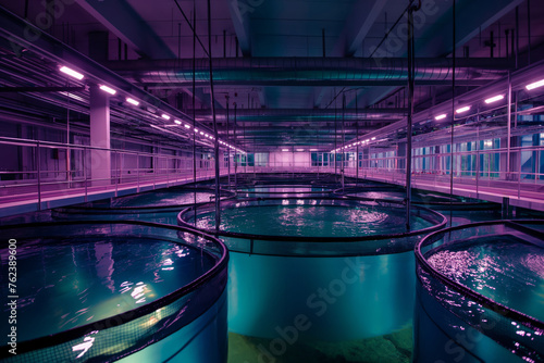 A glimpse into the cutting-edge futuristic aquaculture facility interior with circular tanks and innovative purple lighting technology for sustainable fish farming