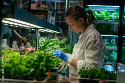 Focused female researcher inspects plant growth in a modern lab setting with precision