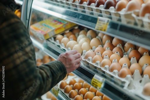 Close-up of a customer's hand selecting eggs from a refrigerated supermarket shelf