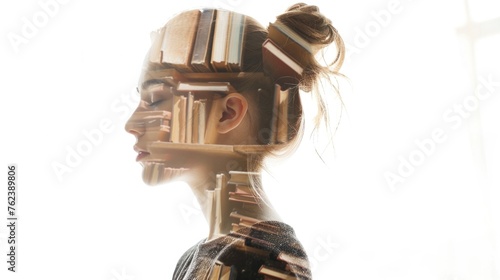 An evocative double exposure image capturing a woman's profile filled with stacked books, emblematic of a deep connection to literature and knowledge.