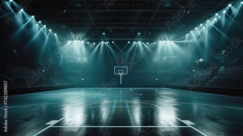 Empty basketball arena, stadium, sports ground with flashlights and fan sits 