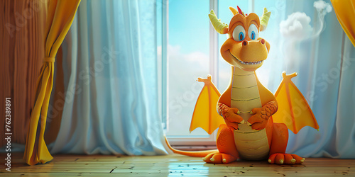 A friendly dragon promotes fire safety by demonstrating flame-resistant curtains and smoke detector harmonies. photo