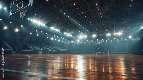 Empty basketball arena, stadium, sports ground with flashlights and fan sits  © danh