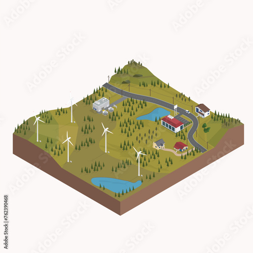 wind energy, wind farm with isometric graphic