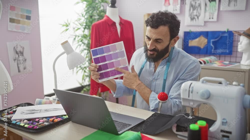 A bearded tailor in a studio examines fabric swatches and a fashion