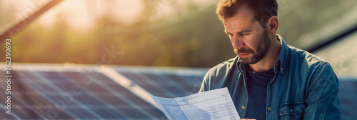 A man reading an electricity bill next to a solar panel, representing the high upfront costs of some green technologies photo