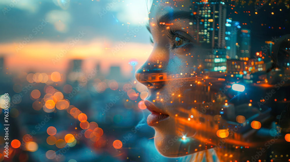 Mental Health Disorder Concept. Portrait of sad young Woman. Double Exposure blurred City light bokeh. Stress, depression, loneliness, sleep disorder, unrequited love, exhaustion, professional burnout