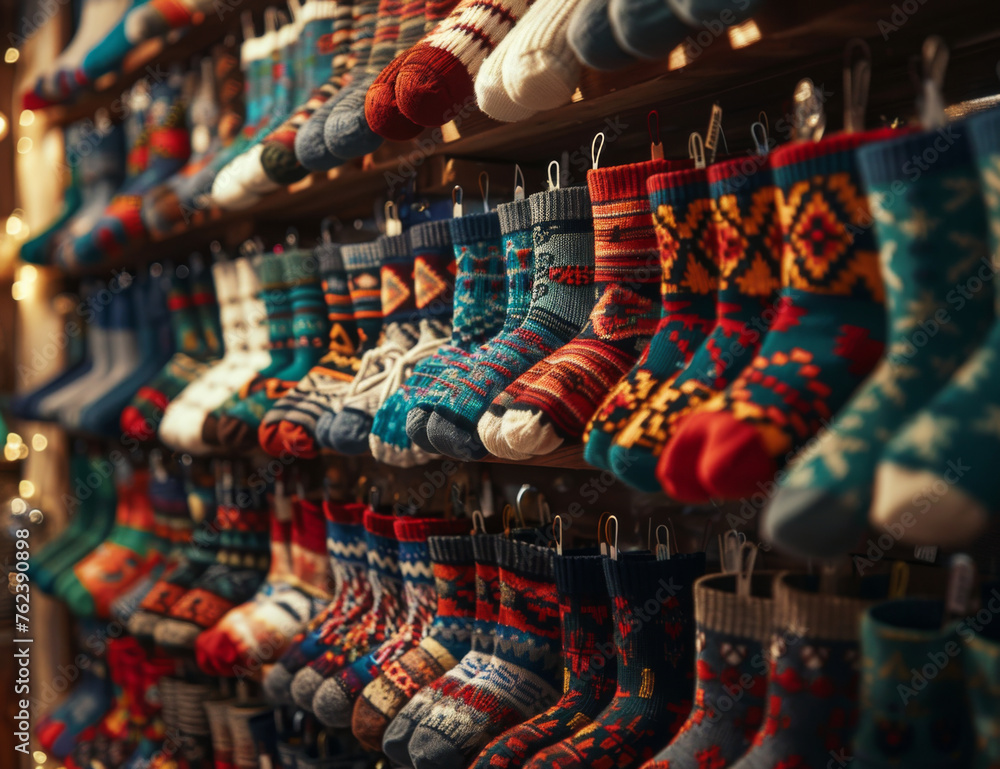 This vibrant image highlights a variety of patterned knitted winter socks on display, evoking warmth and tradition This vibrant image highlights a variety of patterned knitted winter socks on display, evoking warmth and tradition