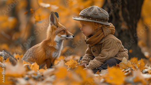 Child in autumn park having a tender moment with a fox amidst fallen leaves.