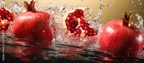 Three vibrant pomegranates are submerging in a pool of liquid on a wooden table, creating a beautiful art piece. The magentacolored fruit provides a natural food inspiration photo