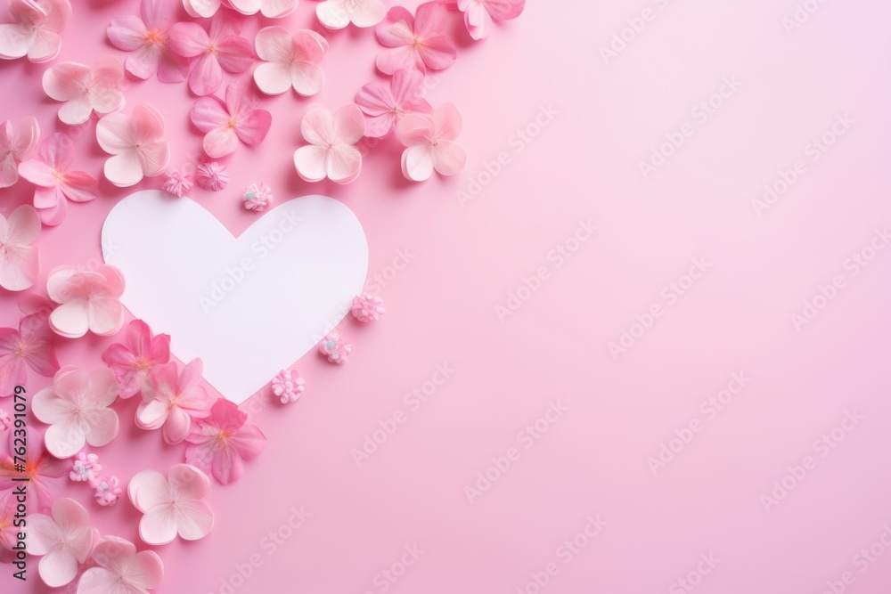 Hydrangea and plumeria flowers forming a heart shape on a soft pink background.