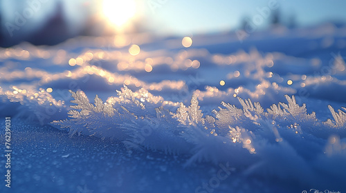 Close-up of delicate snowflakes on a winter landscape with soft sunrise light in the background.