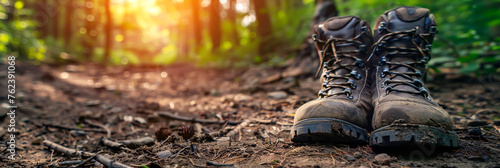 A pair of hiking boots on a dirt trail, with a forest in the background. Copy space