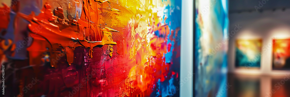 A piece of fine art displayed in a gallery, its colors vibrant under the gallery lighting.