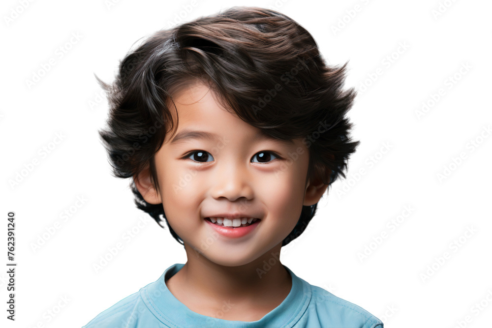 Close-up portrait of a cute happy Asian little kid smiling, isolated on transparent background