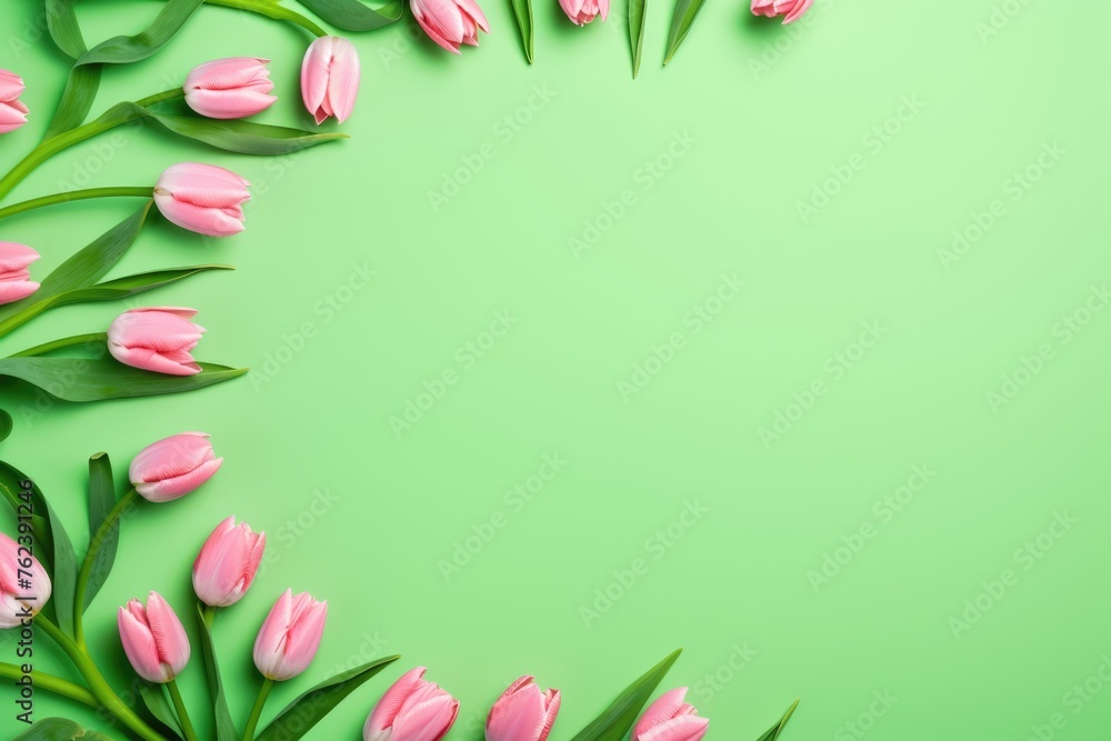 A vibrant arrangement of pink tulips against a fresh green backdrop. A vibrant arrangement of pink tulips against a fresh green backdrop.