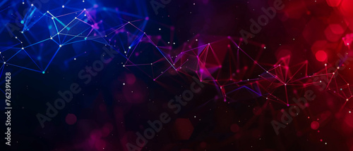 Elevate your designs with this captivating abstract background featuring glowing particles, dots, and lines in space. Ultra-wide blue red neon purple gradient perfect for various projects