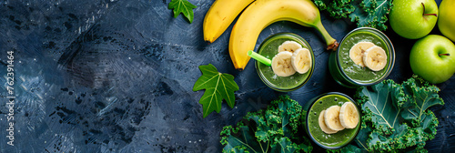 A refreshing detox smoothie arranged made with a blend of kale, apple, banana photo