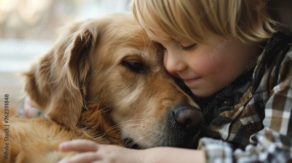 Describe the heartwarming bond between a therapy dog and a young child with special needs