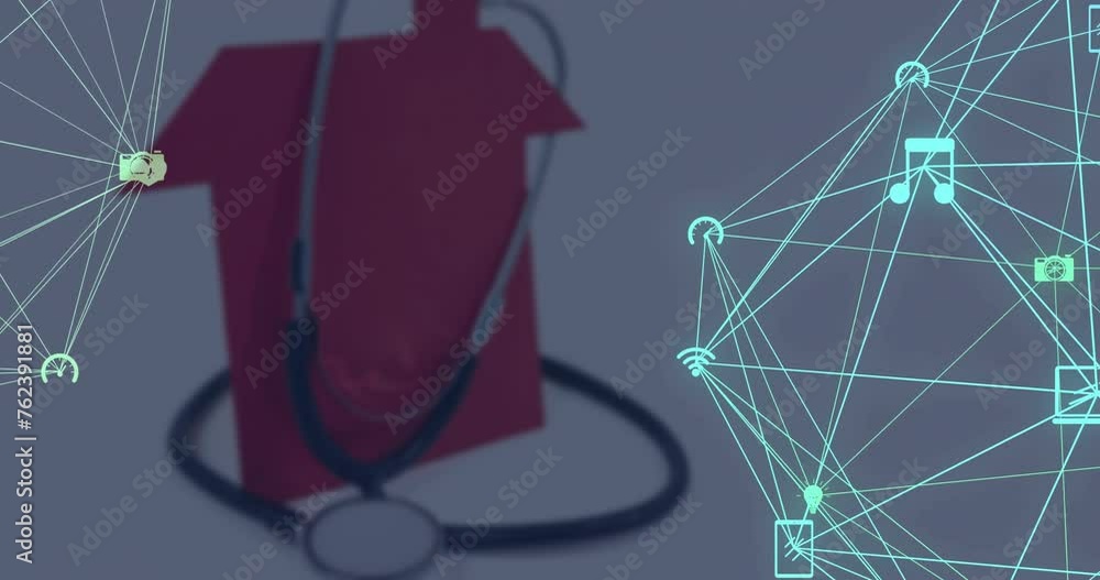 Animation of house and network of connections with icons over stethoscope Animation of house and network of connections with icons over stethoscope