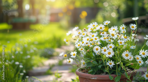 Serene garden path with blooming daisy planter. Tranquil garden pathway lined with a terracotta planter full of white daisies in sunlight