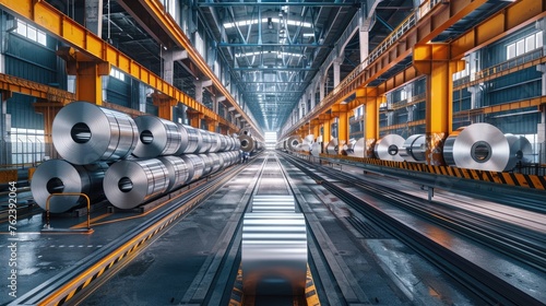 an aluminum roll warehouse, captured with a wide-angle lens to emphasize scale and efficiency in industrial operations.