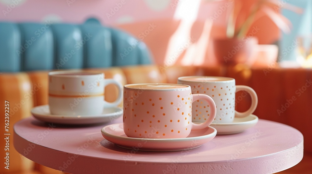 Describe a scene in a sleek, pastel-toned cafe where patrons enjoy sipping coffee from minimalist ceramic mugs adorned with subtle geometric patterns Describe a scene in a sleek, pastel-toned cafe where patrons enjoy sipping coffee from minimalist ceramic mugs adorned with subtle geometric patterns