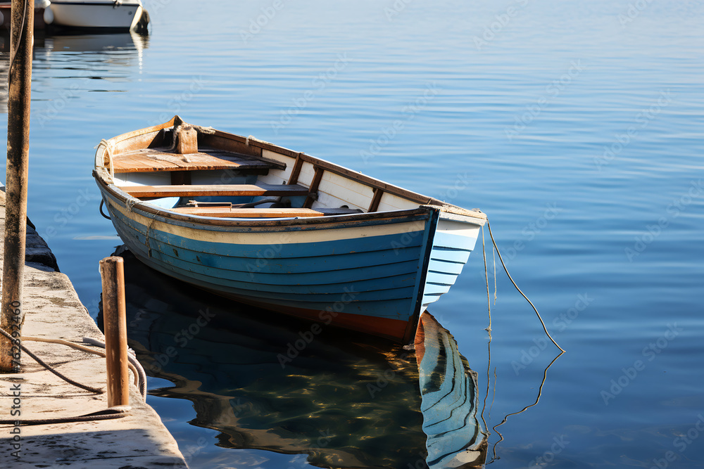 Old wooden fishing boat in the harbor of Rhodes island, Greece.