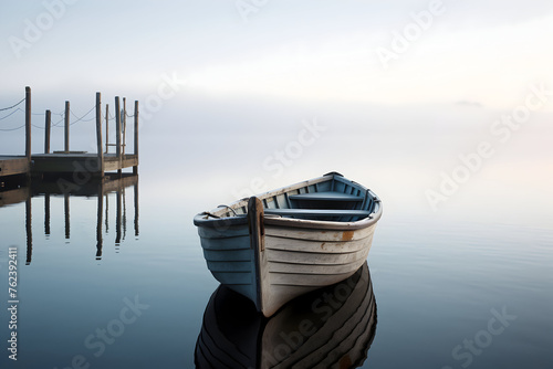 fishing boat on the lake in foggy morning, beautiful photo digital picture