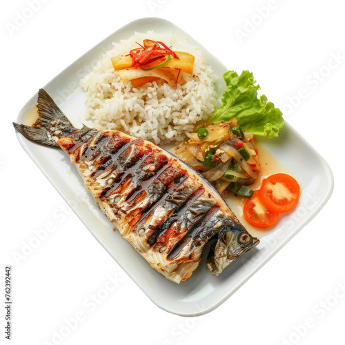 Korean dish of grilled mackerel with seasoned fish fillet, steamed rice, kimchi and pickled vegetables on a white plate.