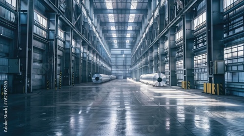 an aluminum roll warehouse, captured with a wide-angle lens to emphasize scale and efficiency in industrial operations.